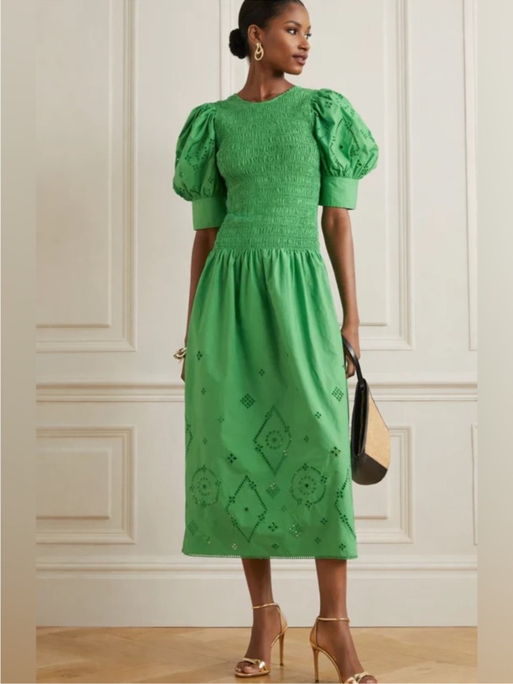 Green Puff-Sleeve Midi Dress Broderie anglaise